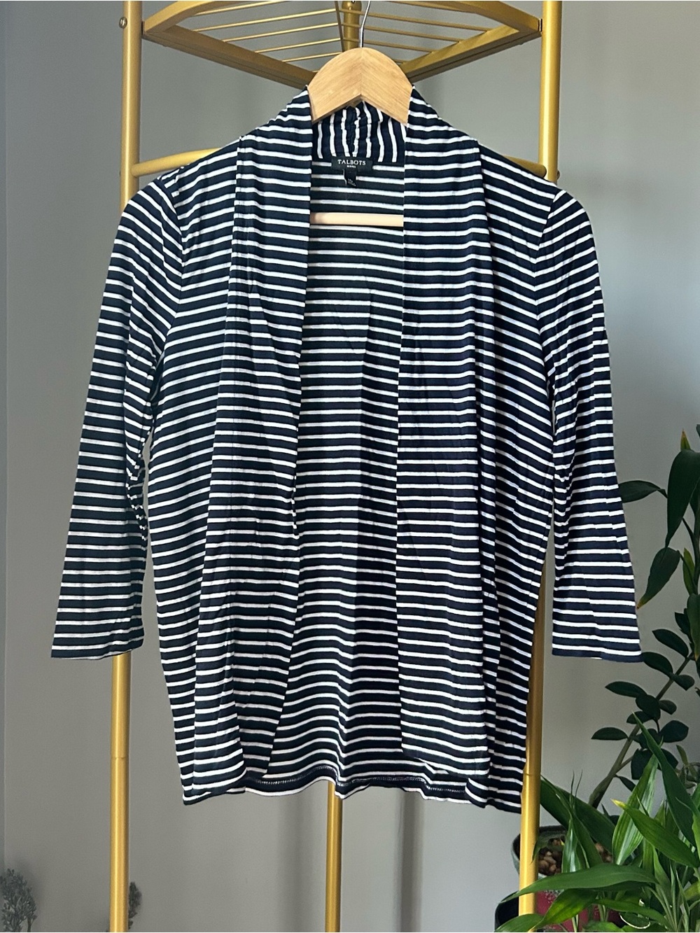Talbots Women’s Navy and White Striped Open-Front Cardigan 3/4 sleeves petite M